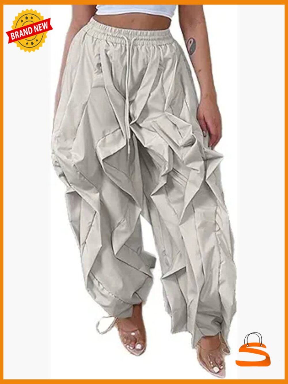 Baggy Cargo Pants High Waisted Ruffle Patchwork Long Trousers with Drawstring